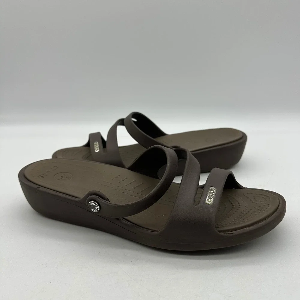 Crocs Patricia Womens Size 9 Brown Wedge Sandals Slip On tri-strap Comfort Shoes